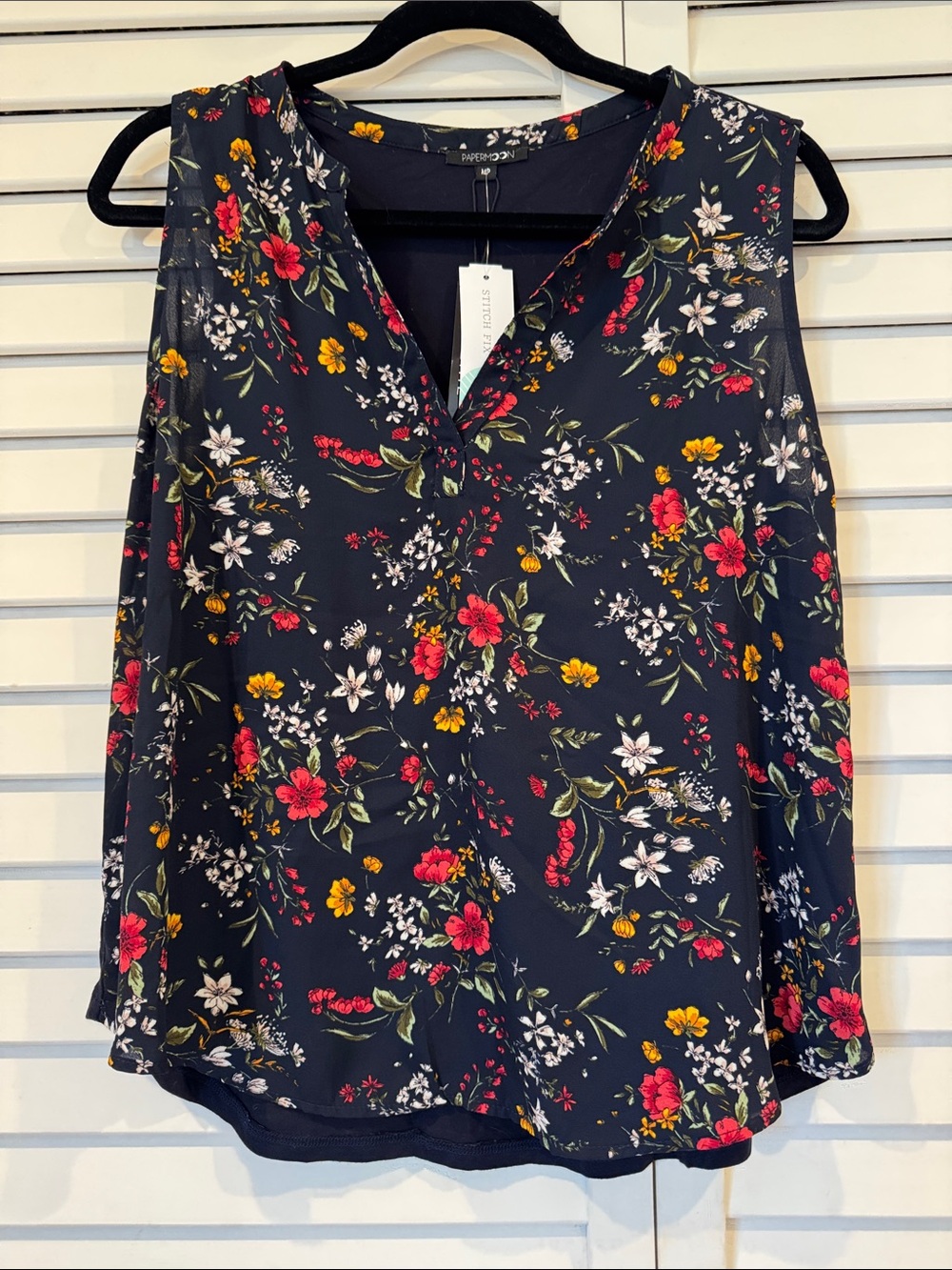 Papermoon Navy Floral V-Neck Sleeveless Blouse with Red and Yellow Blooms